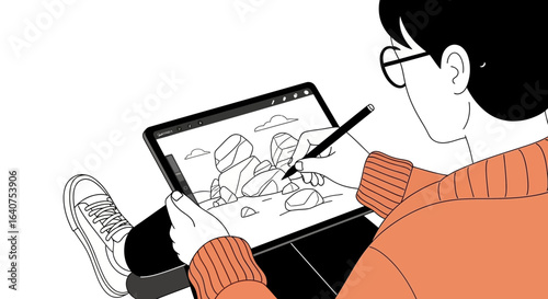 Digital Artist Drawing Stone Landscape Scene on Tablet Using Stylus Pen