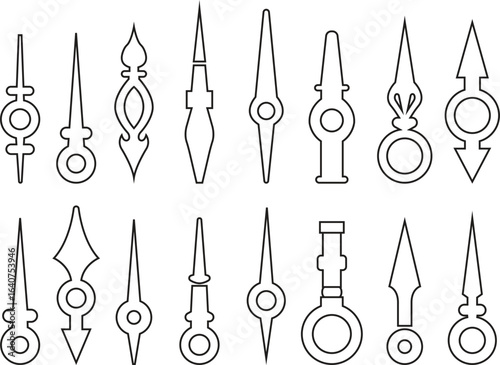 Clock hand icon set in black line style. Vintage timepiece pointer vectors, antique watch needle silhouette, retro dial indicator symbol, classic timer illustration isolated on transparent background.