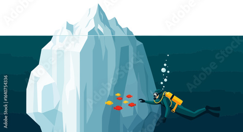 Diver Exploring The Underwater World Encountering Fish Near A Massive Iceberg