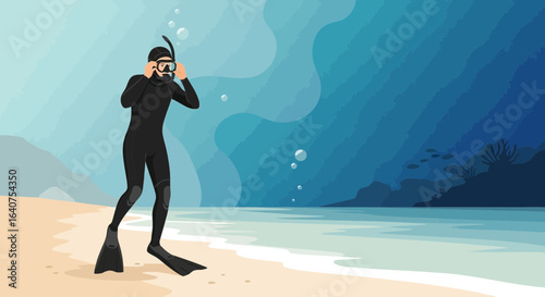 Diver Preparing For Underwater Adventure On a Sunny Beach Day Scene