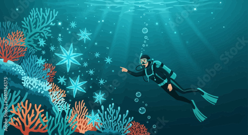 Diver exploring a vibrant coral reef with glowing starfish in a colorful underwater scene exploration and discovery illustration