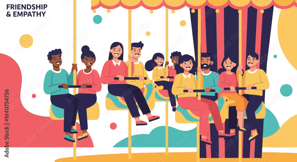 Obraz premium Diverse group of friends and family riding together on a colorful carousel having fun