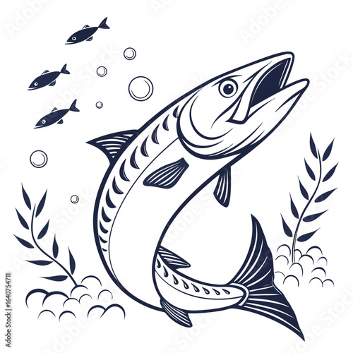 Elegant Barracuda Illustration with Small Fish and Aquatic Plants on White Background