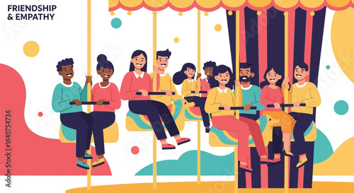 Diverse group of friends and family riding together on a colorful carousel having fun