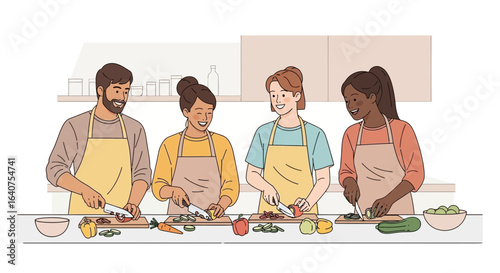 Diverse group of friends preparing healthy meal together at a cooking class studio workshop or at home kitchen