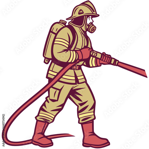 Illustration of a firefighter with fire hose and protective gear in action