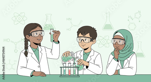 Diverse young students conducting scientific experiments in a laboratory setting illustration
