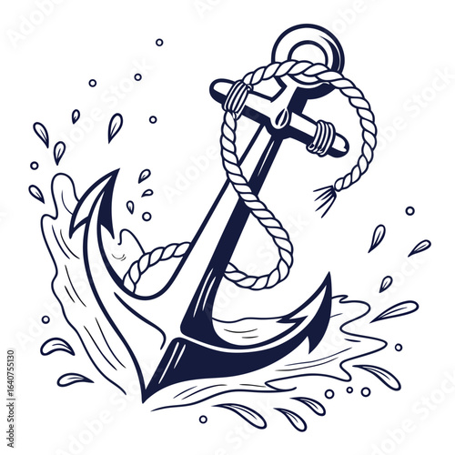 Simple line art illustration of a nautical anchor amidst splashing water