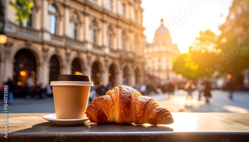 Fototapeta Naklejka Na Ścianę i Meble -  Parisian Breakfast Coffee  Croissant on a Terrace in France Golden Hour light.