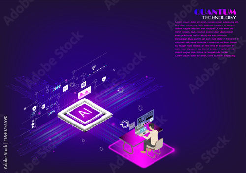 Quantum technology concept to analyze basic daily life data in the most efficient way.sometric illustration with visual interface for gobal network