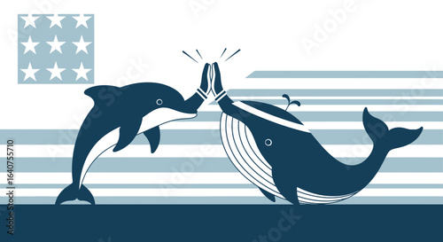 Dolphin And Whale Teamwork High Five On American Stripes Background