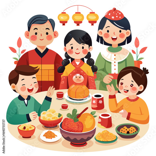 Happy asian family enjoying traditional food and lanterns during celebration