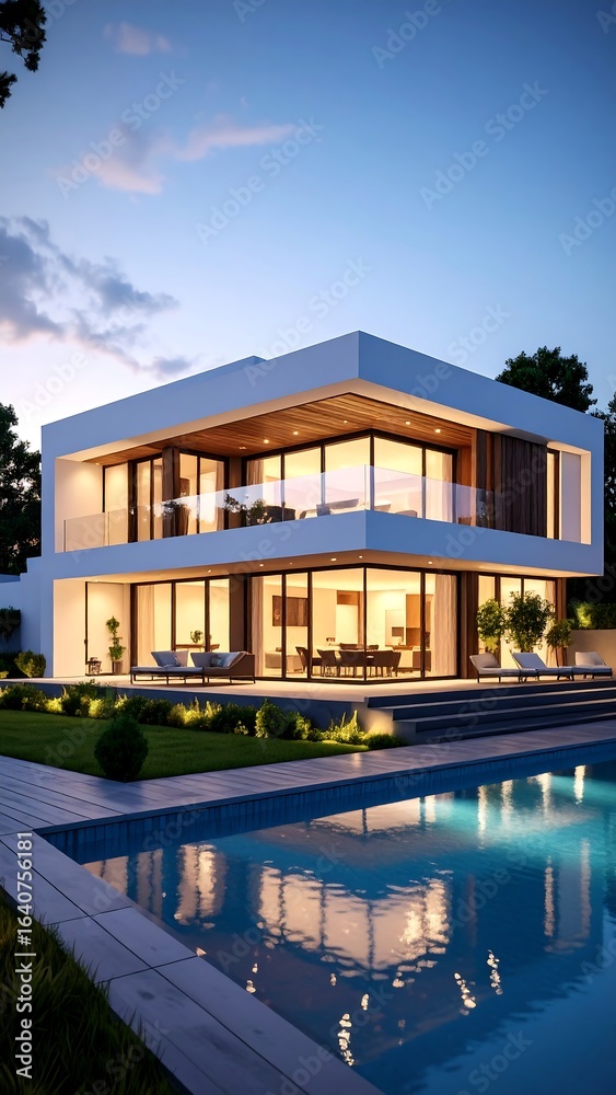 Modern two-story house with pool, twilight setting Modern two-story house with pool, twilight setting
