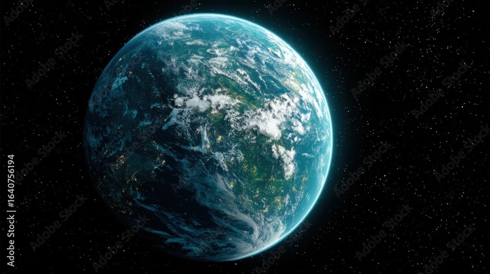 Obraz premium Exoplanet with Oceans and Continents Set Against Starry Backdrop, Ideal for Science Fiction and Space Exploration