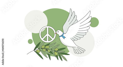 Dove Symbolizing Hopeful Future With Olive Branch And Peace Sign Together