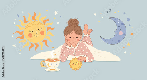 Dreamy illustration of a girl lying in bed with celestial elements surrounding her