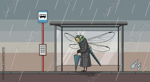 Dragonfly In Trench Coat Waits At Rainy Bus Stop In Cartoon Illustration