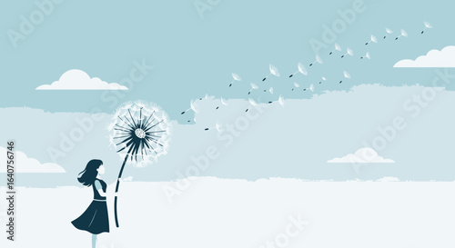 Dreamy illustration of a woman holding a dandelion with seeds floating in the breeze in minimalist design