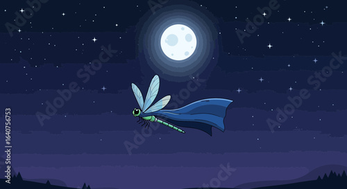 Dragonfly Knight Soaring Through Starry Sky With Moonlit Night Adventure