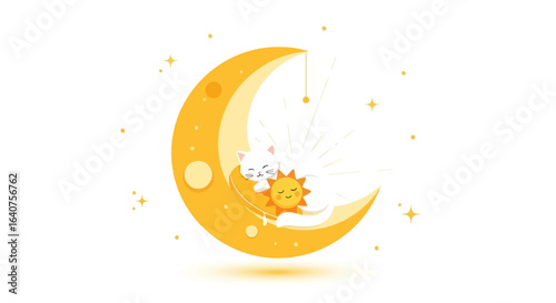 Dreamy Illustration of a Sleeping Cat and Sun on a Crescent Moon with Stars