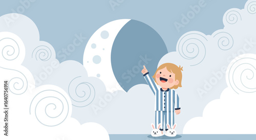 Dreamy Night A Child In Pajamas Points To The Moon Among Swirling Clouds