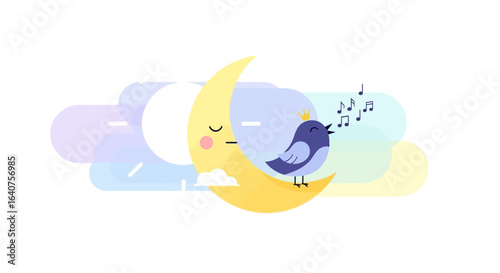 Dreamy night illustration featuring a bird singing on a crescent moon with musical notes