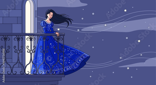 Dreamy Night Girl in Celestial Dress on Balcony Gazing Stars