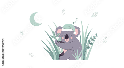 Dreamy Night Illustration Of A Koala Sleeping Peacefully Surrounded By Grass And Moon