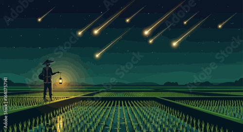 Dreamy night scene with a farmer holding a lantern under a meteor shower creating a mystical atmosphere