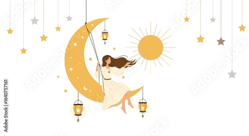 Dreamy Night Scene Woman Swinging on Moon with Lanterns and Stars Around