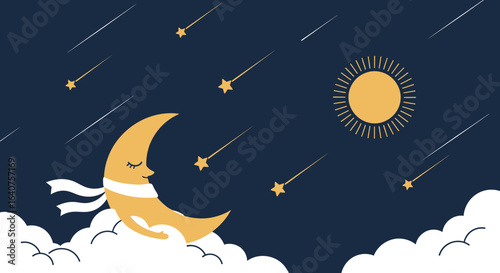 Dreamy Nightscape With Sleeping Moon On Clouds And Falling Stars Illustration