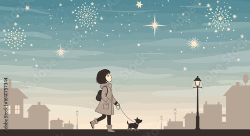 Evening Stroll With Dog Under Starry Sky and Fireworks in the City