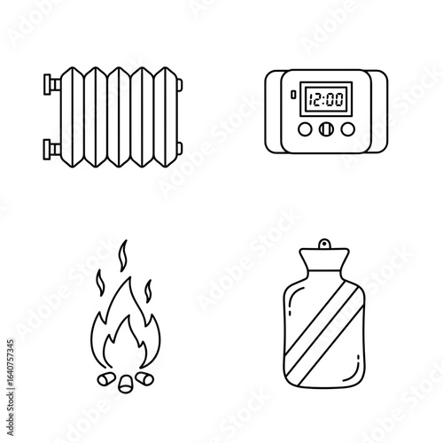 Collection of Turning on the heating-themed icons, including Radiator, thermostat, flame, hot water bottle