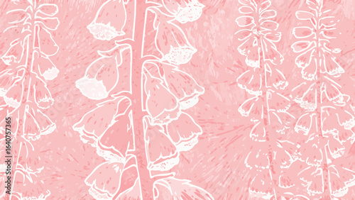 Delicate foxglove flowers in soft pink hues with white outlines create a floral pattern