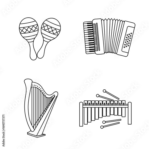 Collection of Music Day-themed icons, including Maracas, accordion, harp, xylophone