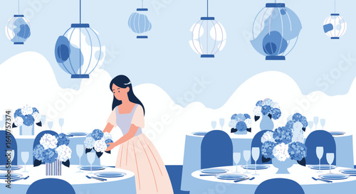 Event Planner Preparing Tables For A Celebration With Lanterns Decoration