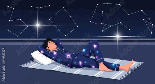 Dreaming under the stars: A peaceful night scene with constellations and a sleeping figure