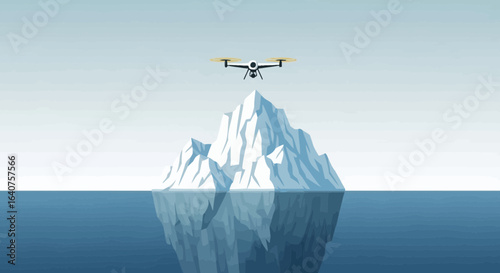 Drone flying above iceberg showcasing technology and environmental exploration challenges a modern vector illustration concept