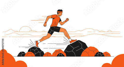 Dynamic Illustration of a Male Athlete Trail Running Over Rocks and Mountain View