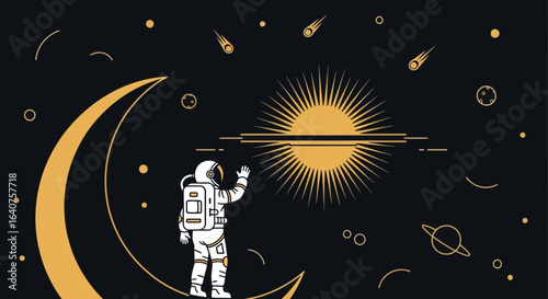 Exploration Of The Galaxy With An Astronaut Standing On The Crescent Moon
