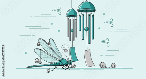 Dreamy Dragonfly Illustration With Wind Chimes For Calming Effect Concept
