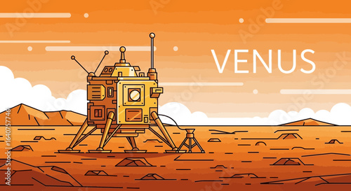 Exploration Of Venus By Spacecraft In Orange Landscape Illustration