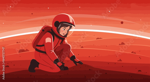 Exploration on Mars an illustration of a female astronaut discovering life on the red planet