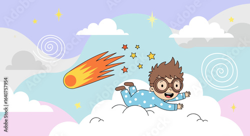 Dreamy Flight Above The Clouds With Falling Stars Imagination Concept Cartoon