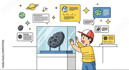 Exploring Cosmic Wonders Young Boy Visits Museum Exhibit About Space