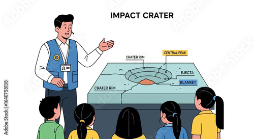Educational illustration showcasing an impact crater model for young students learning about planetary science
