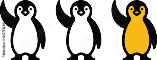 Three cute penguins waving hello with playful charm