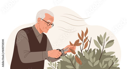 Elderly Gentleman Tending to His Garden with Care and Precision Outdoors