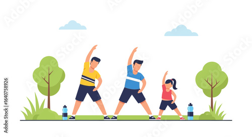 Family enjoying morning exercises outdoors in a park setting with flat style design,vector illustration of healthy lifestyle and fitness activities