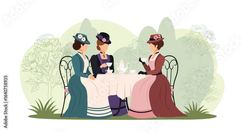 Elegant Afternoon Tea Gathering With Ladies In Vintage Fashion Outdoor Scene
